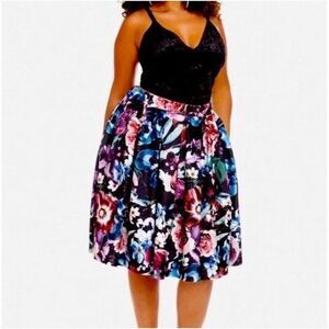 Fashion To Figure NWT Women Plus Size Formal Floral Pleated Midi Skater Skirt 0X